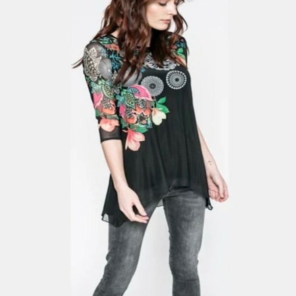 Desigual Tops - NWT DESIGUAL Floral Tunic Top Black Mesh Sz L Tall US Embellished Boho Artsy